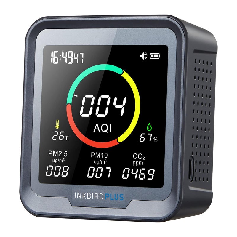 INKBIRDPLUS 6-in-1 Indoor Air Quality Monitor, Detects CO2, PM2.5, PM10, AQI, Temperature and Humidity with Alarm, for Rooms, Cellars, Grow Tents, Offices, etc. (PTH-9A) - Image 1